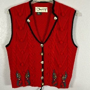 Vintage 90s Obermeyer Noel holiday cable knit Wool embroidered sweater vest sz L